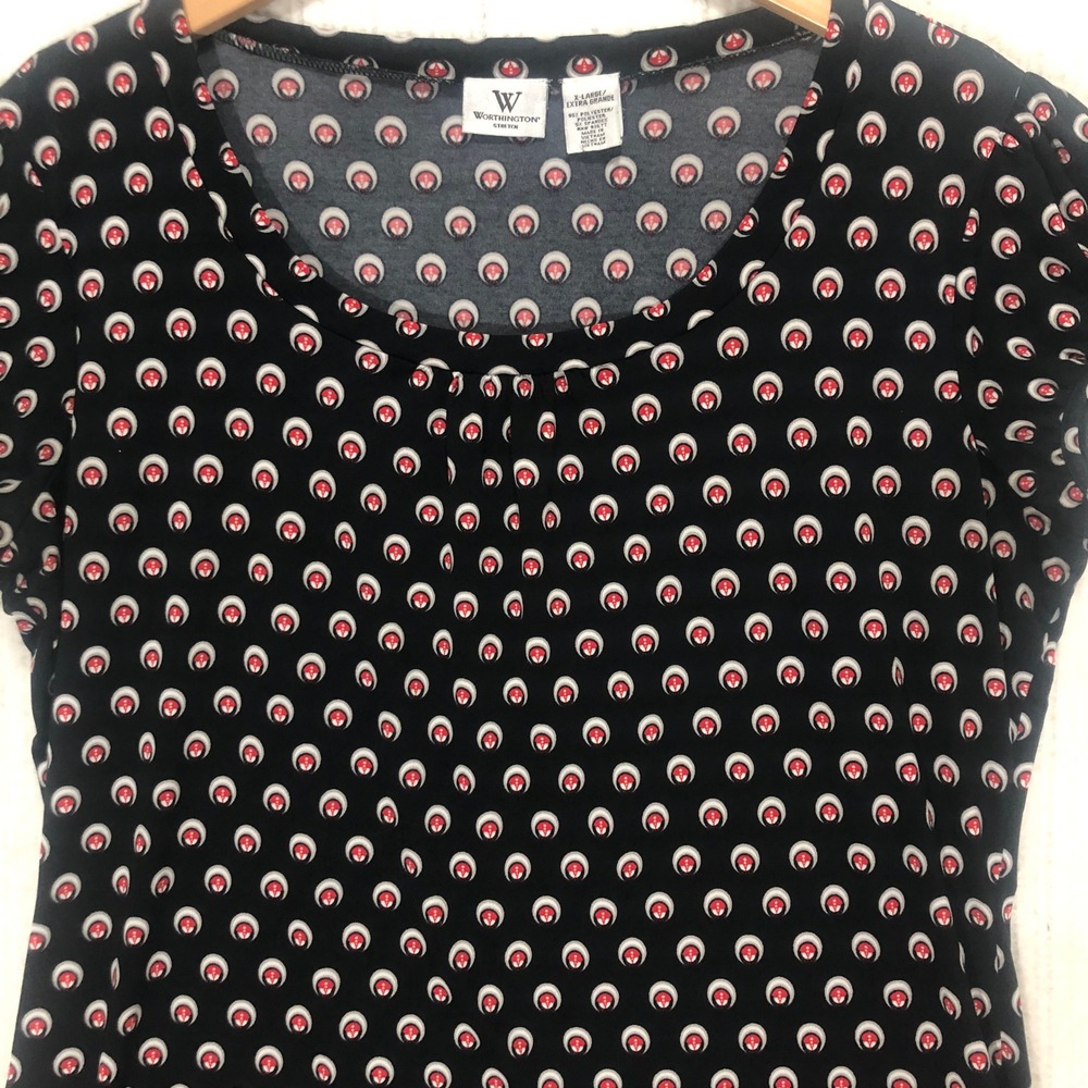 Worthington Women's Black Red White Geometric Print Short Sleeve T-Shirt Top XL